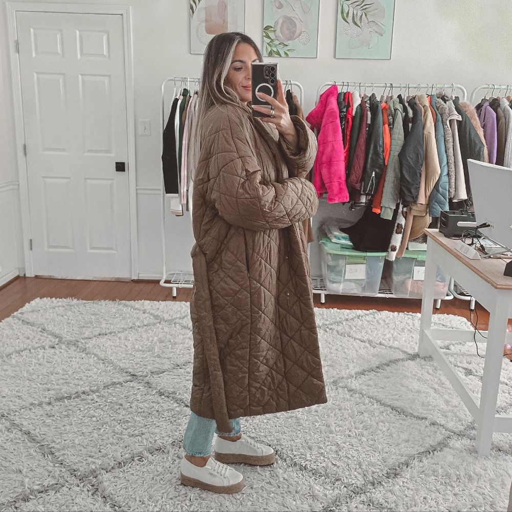 Mango brown quilted belted long coat size M - Picture 7 of 12